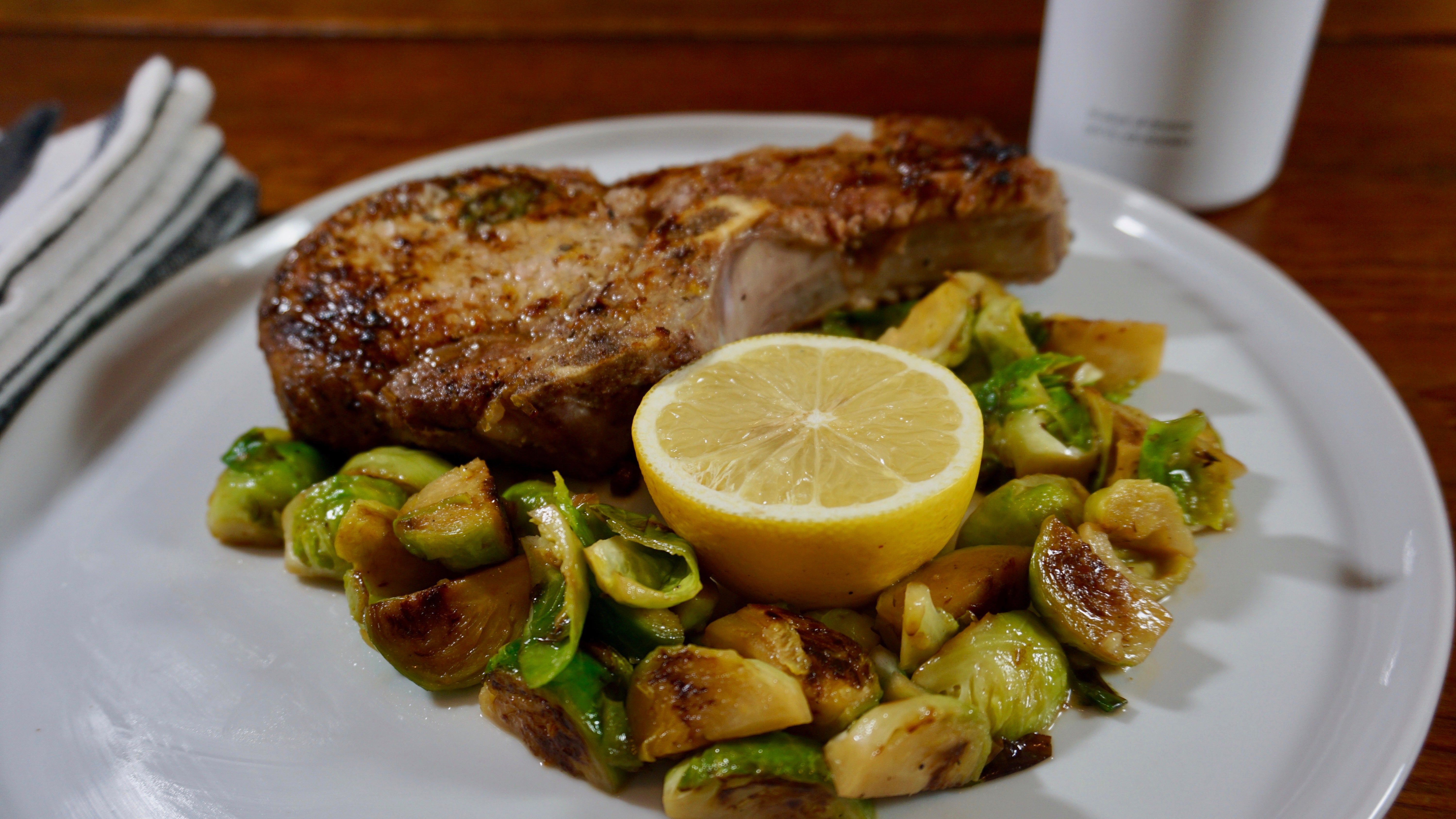 Keto Bone-in Greek Pork Chops with Brussel Sprouts