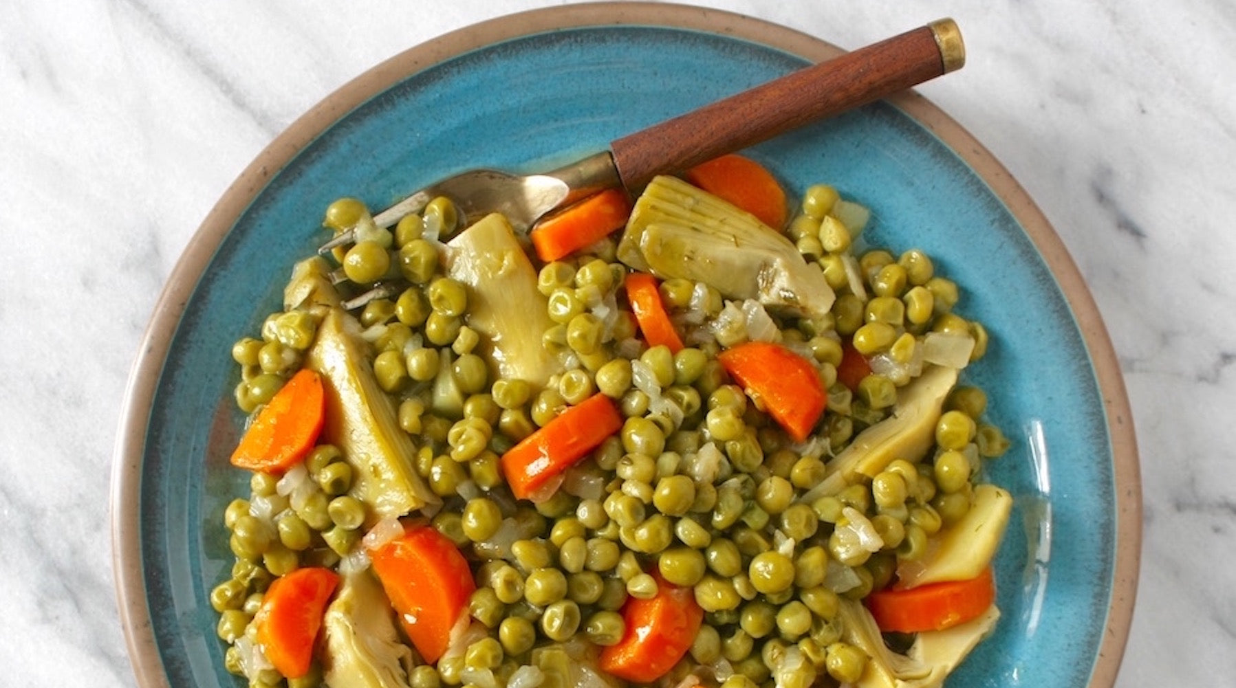 Braised Artichoke Hearts with Carrots and Peas