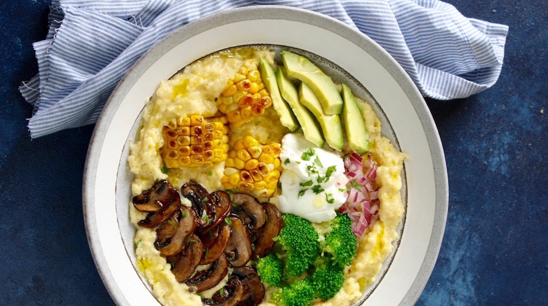 Easy Creamy Polenta with Chèvre, Charred Corn, Garlic Mushrooms & Steamed Broccoli